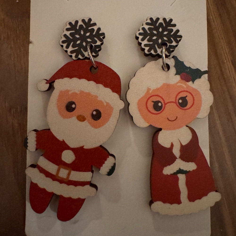 Festive Santa and Mrs. Claus wooden Earrings